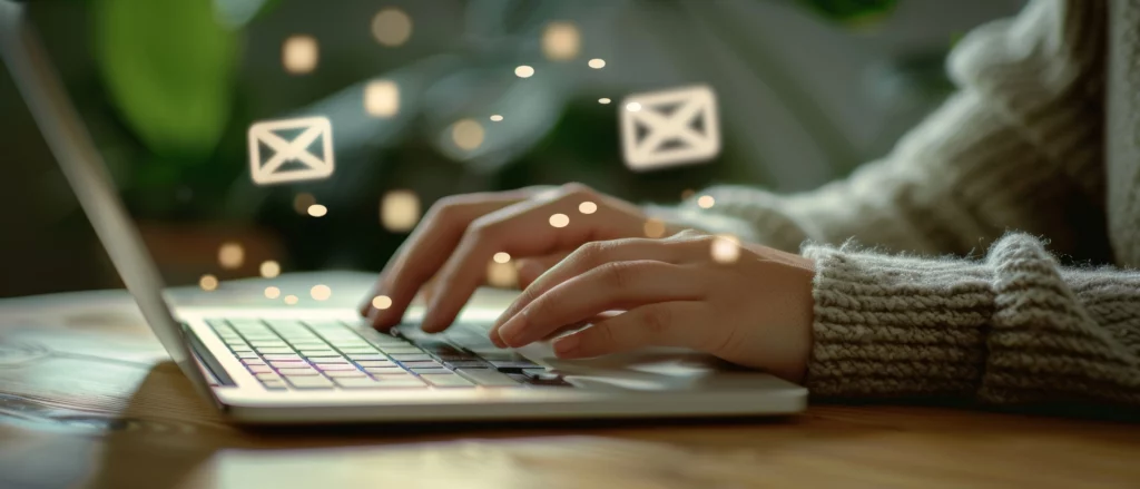 A person typing on a laptop with email icons emerging from the screen